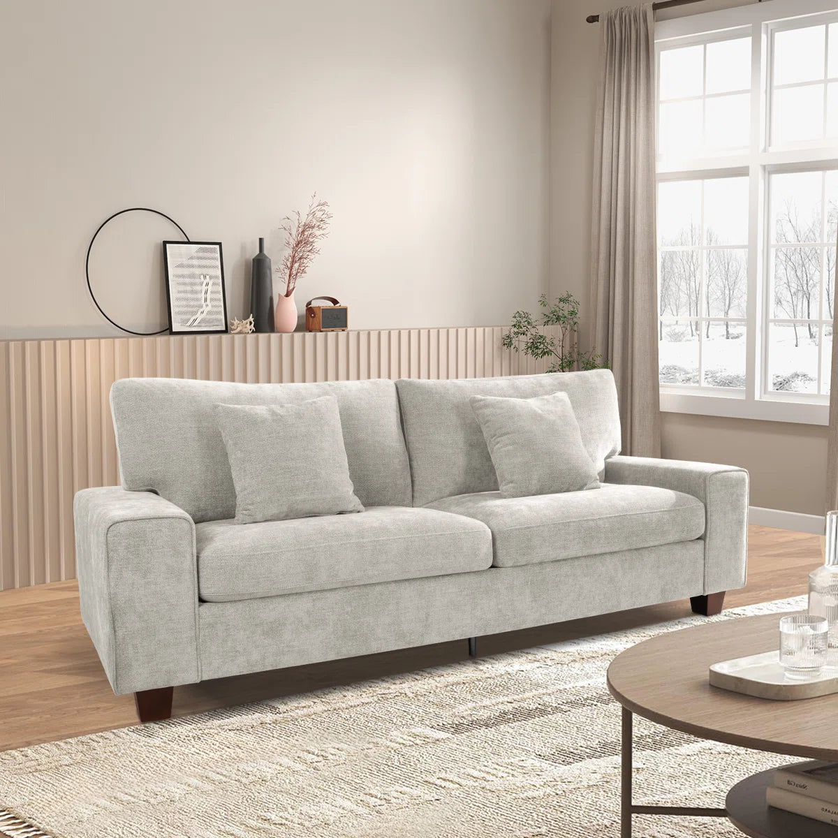 Karlita Chenille Sofa Square Arms Sofa Modern Style Loveseat & Couch With 2 Toss Pillows