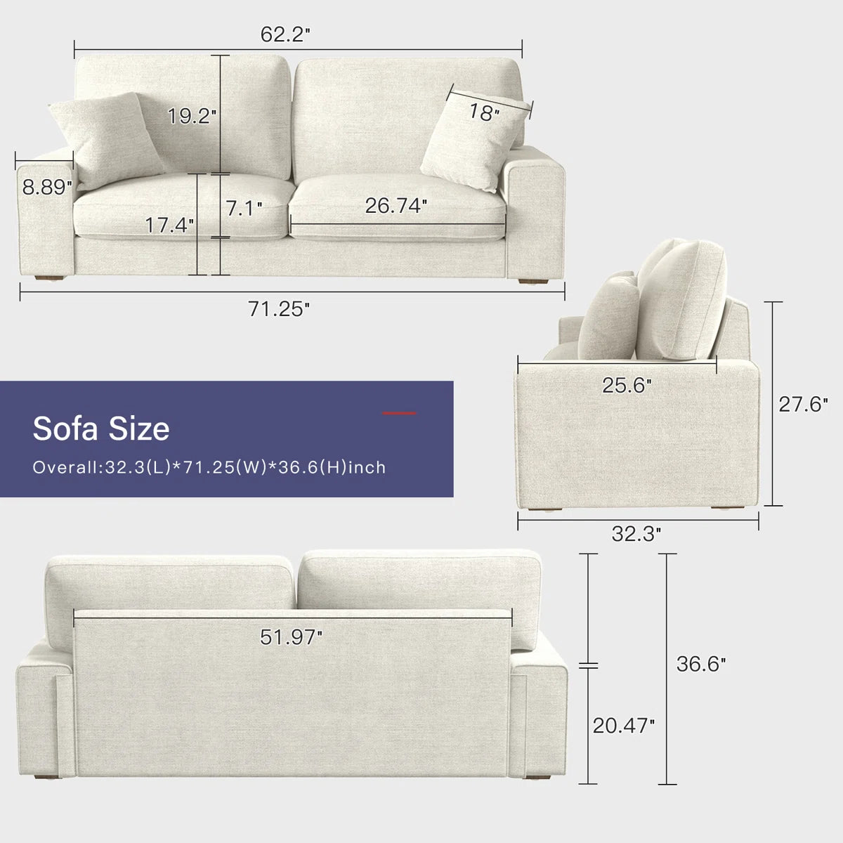 Karlita Chenille Sofa Square Arms Sofa Modern Style Loveseat & Couch With 2 Toss Pillows