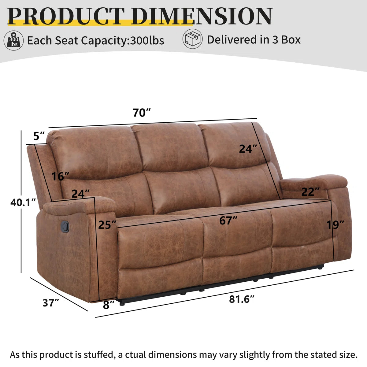 Ilkeston 81.6" Wide Vegan Leather Manual Reclining Sofa, 3-Seater Recliner Couch with Cup Holders