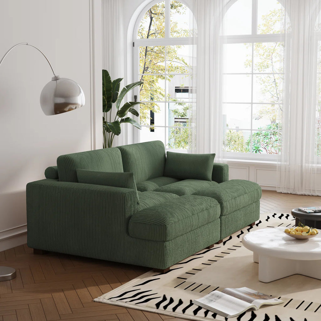 Bentura Oversized Upholstered Green Corduroy Sleeper Sofa Bed Lounge Modular Sofa with Armrests & Throw Pillows